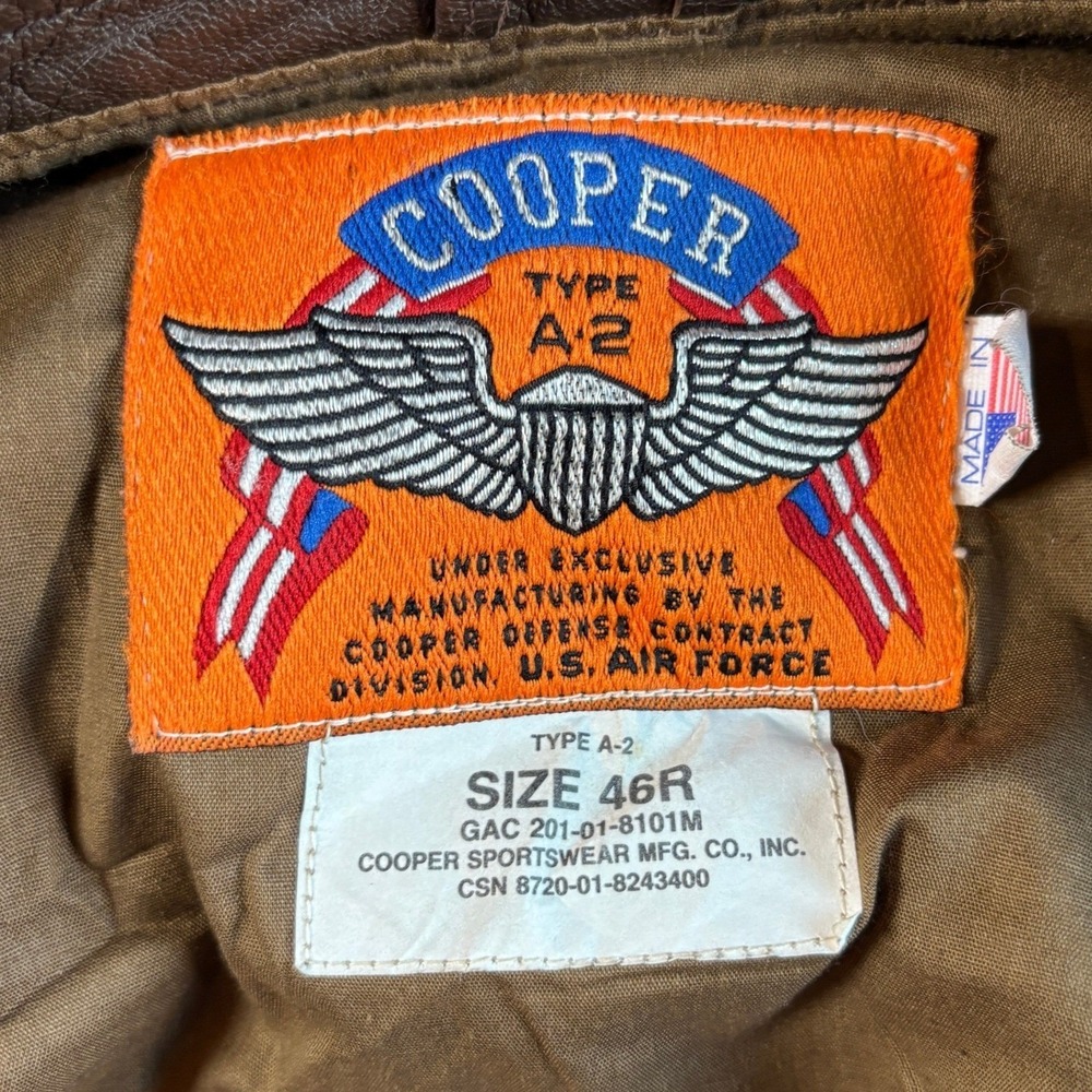 Cooper‎ Type A2 Gents Genuine Goatskin Leather Bomber Flight Jacket Size 46R Brn - Picture 2 of 15